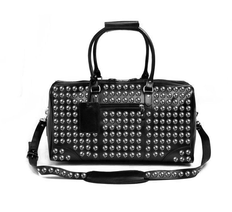 Black Silver Studded Leather Duffel Bag