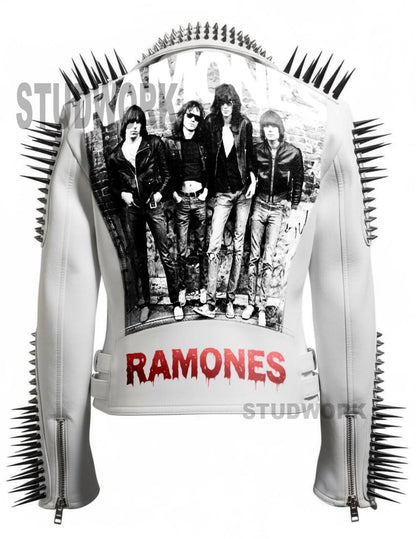 White Riot Ramones Spiked Brando Leather Jacket