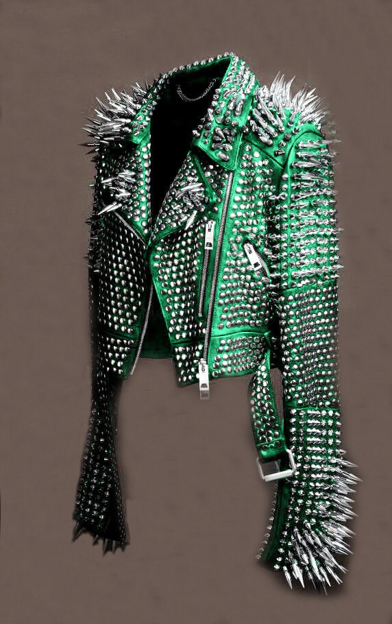 Verdant Voltage Spiked Steampunk Leather Jacket