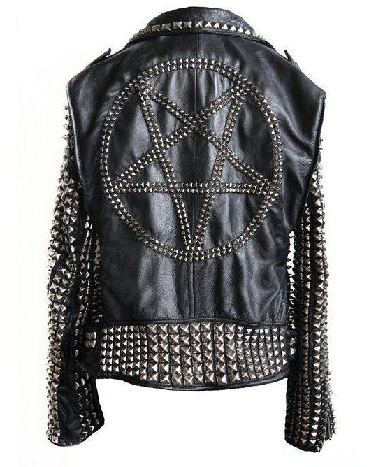 Black & Silver Studded Biker Leather Jacket