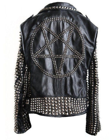 Black & Silver Studded Biker Leather Jacket