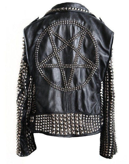 Black & Silver Studded Biker Leather Jacket