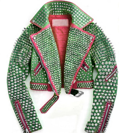 Verdant Riot Silver-Spiked Brando Leather Jacket