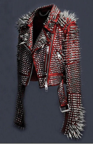 Maroon Red Long-Spiked Punk Brando Jacket