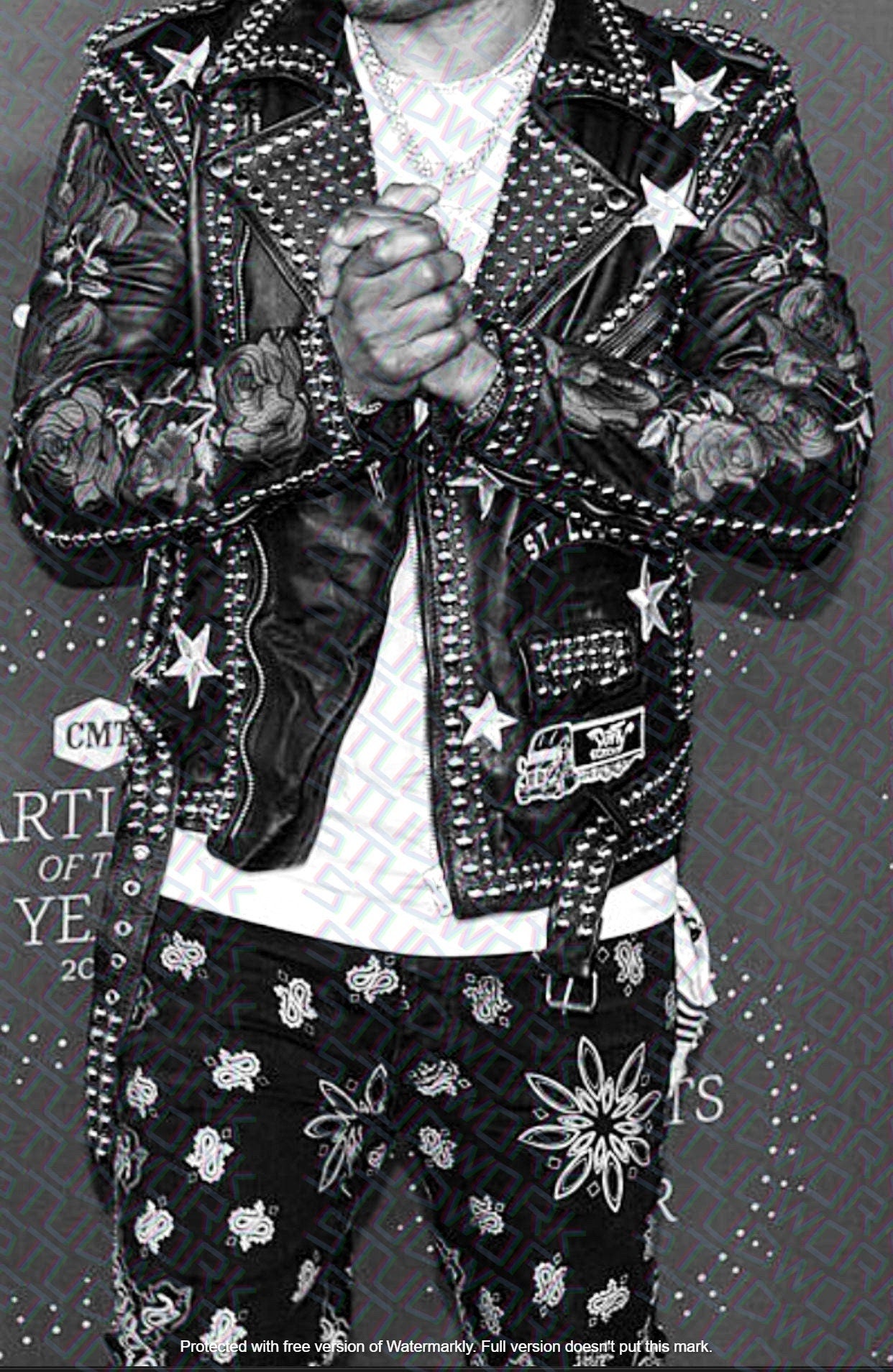 Men White and Silver Patches Studded leather jacket