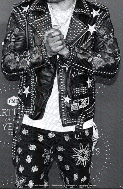 Men White and Silver Patches Studded leather jacket
