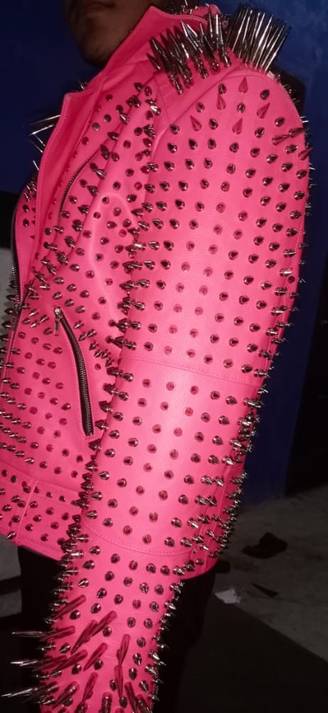 Pink Long Spiked Studded Leather Jacket