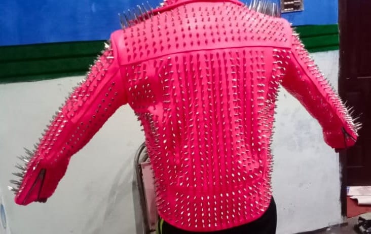 Pink Long Spiked Studded Leather Jacket
