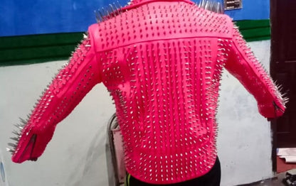 Pink Long Spiked Studded Leather Jacket