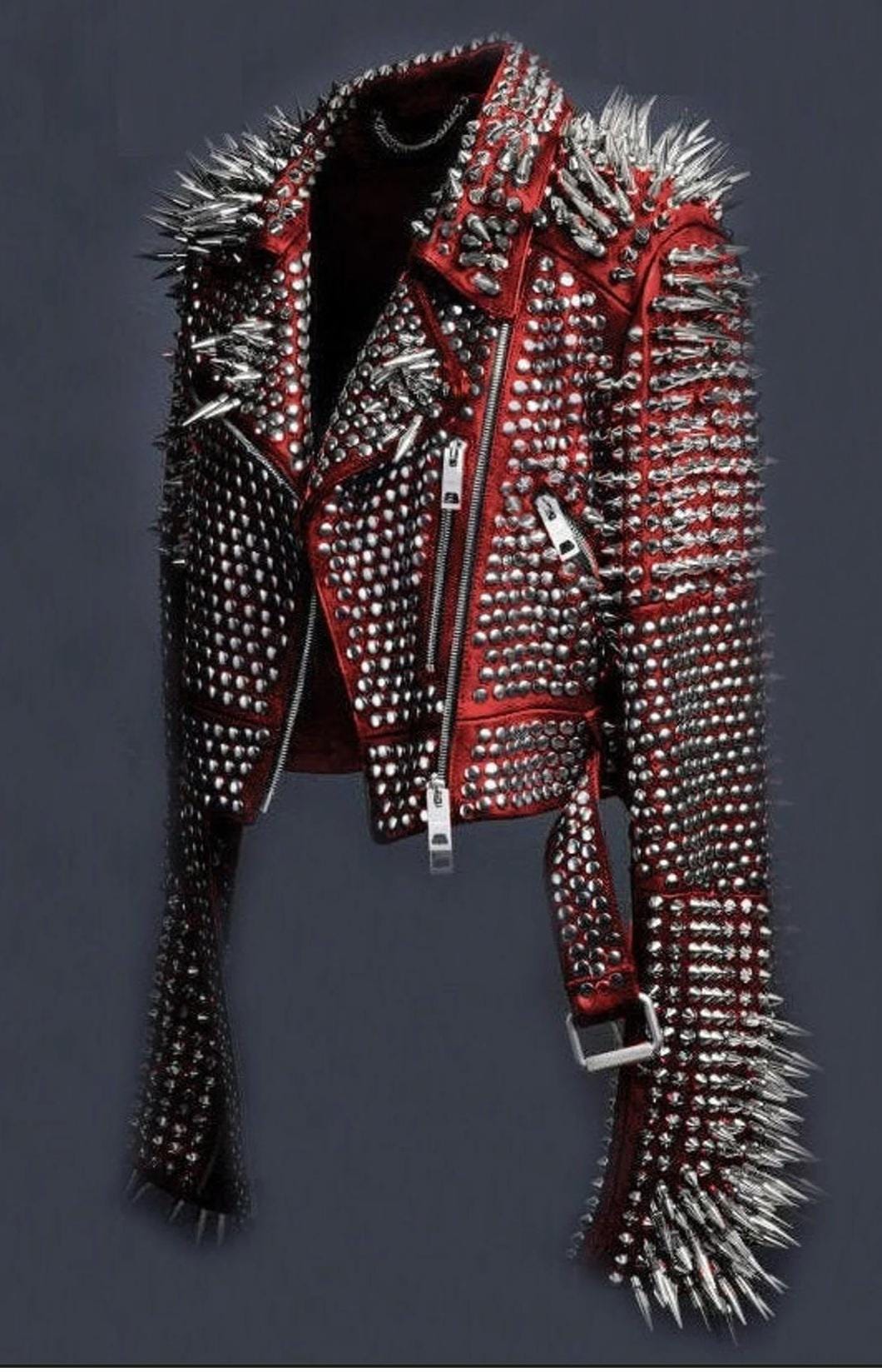 Maroon Red Long-Spiked Punk Brando Jacket