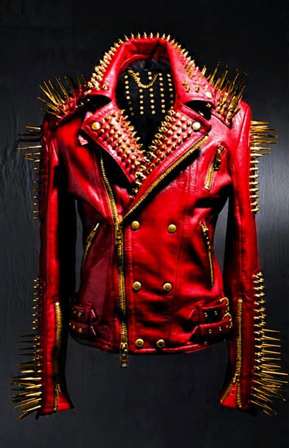 Red Leather Spiked Biker Jacket