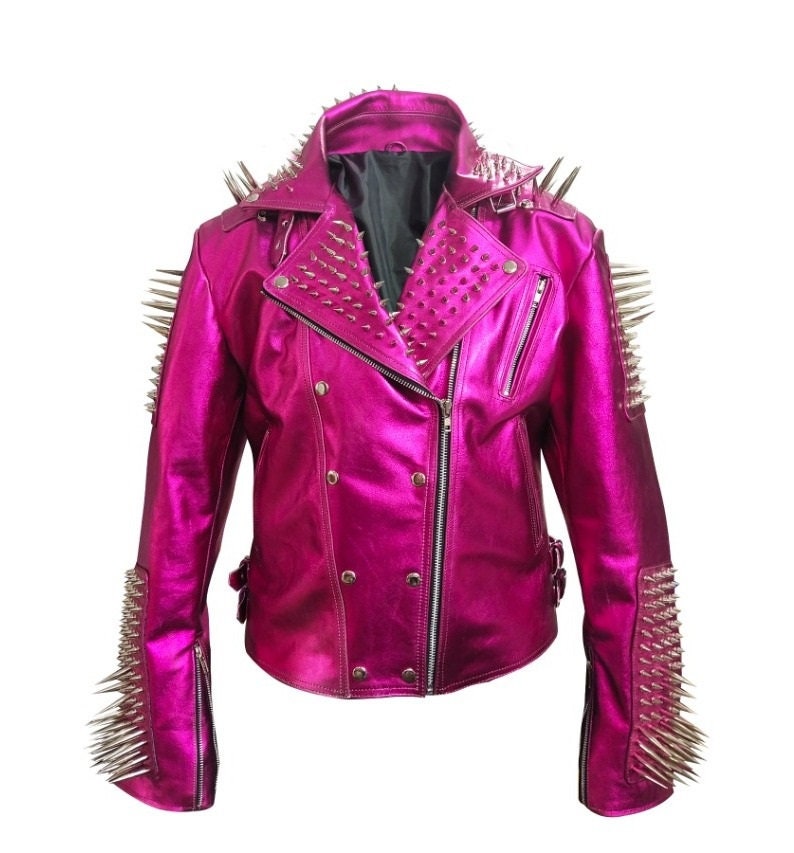 Pink Long Spiked Leather Jacket