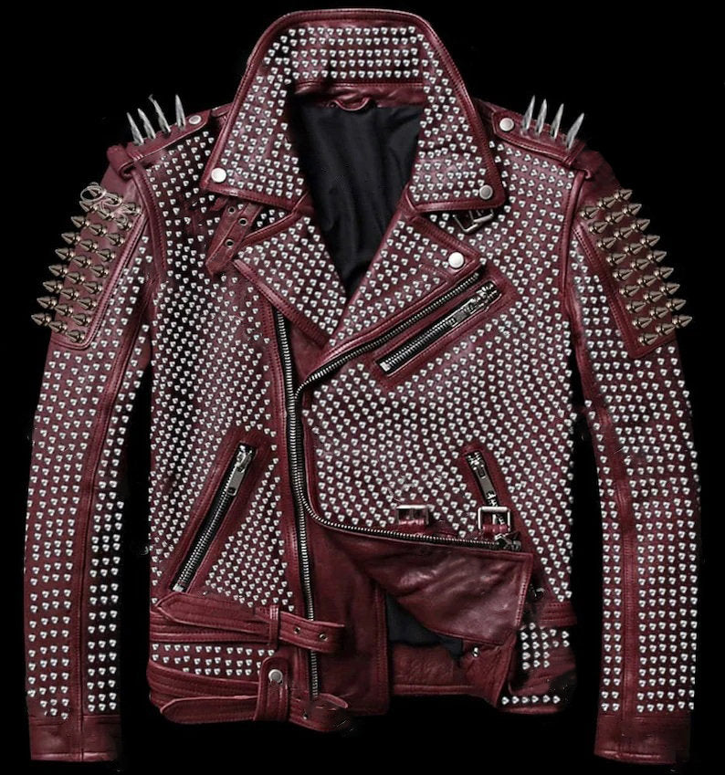 Men Maroon Red Full Silver Leather Jacket