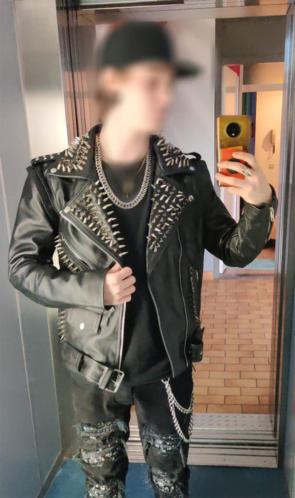 Black Gun-Spike Studded Leather Jacket
