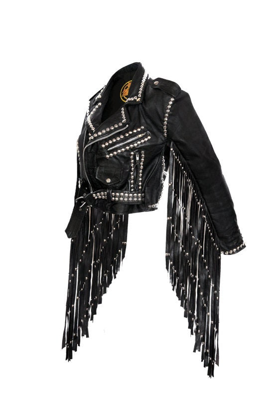 Black Silver Studded Brando Fringe Leather Jacket