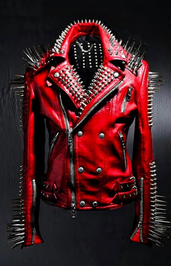 Red Spiked Leather Biker Jacket