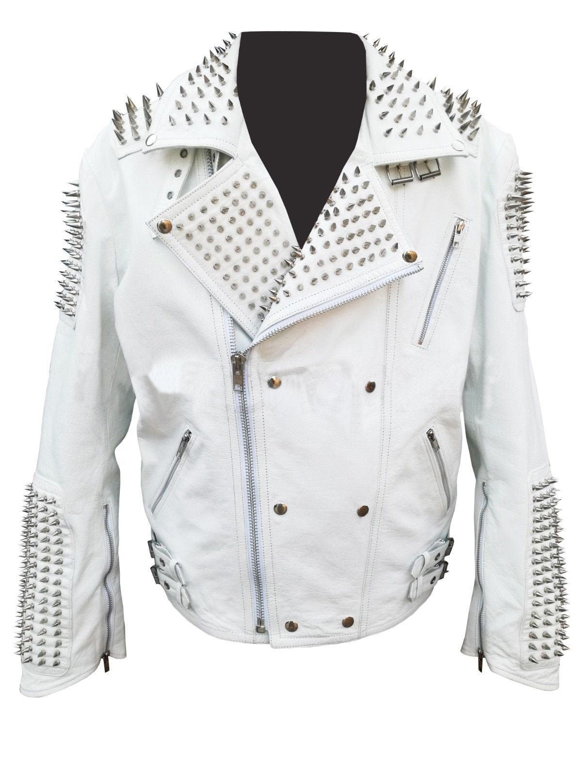 Men’s White Silver Studded Brando Biker Jacket