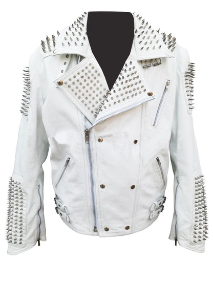 Men’s White Silver Studded Brando Biker Jacket