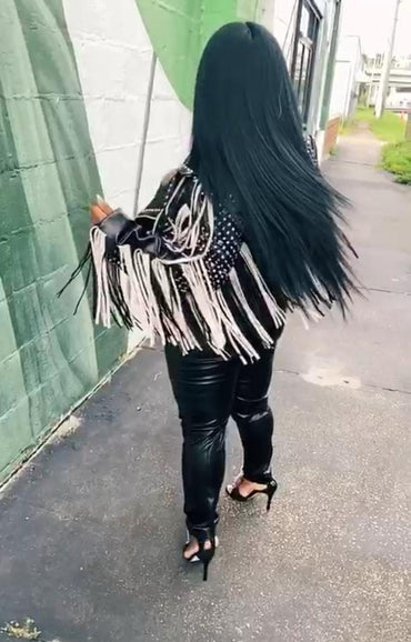 Midnight Fringe Studded Leather Biker Jacket