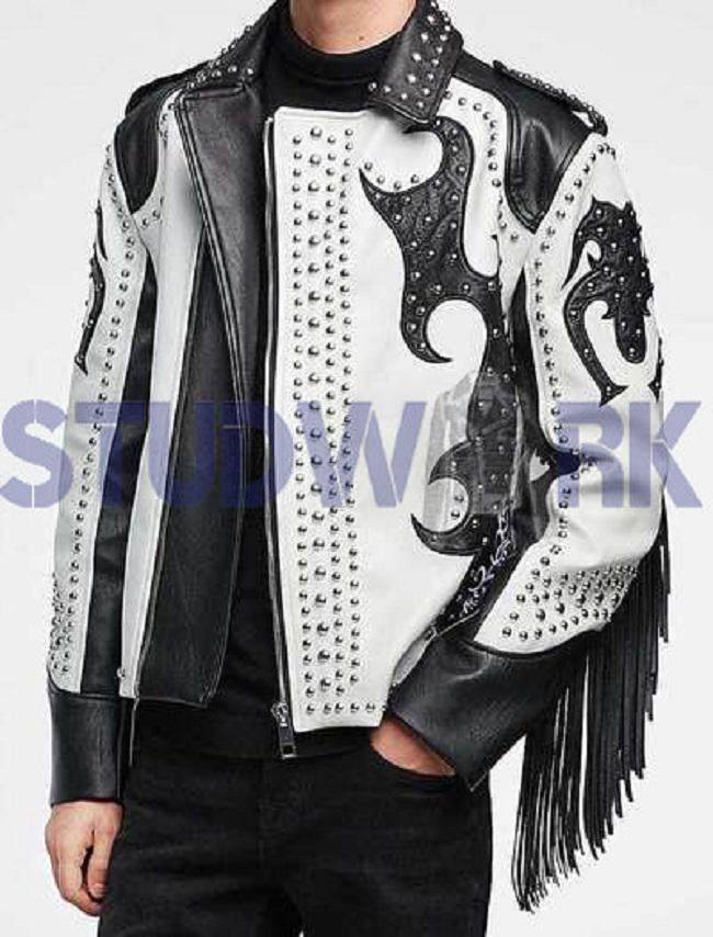 Monochrome Renegade Two-Tone Fringed Studded Leather Jacket