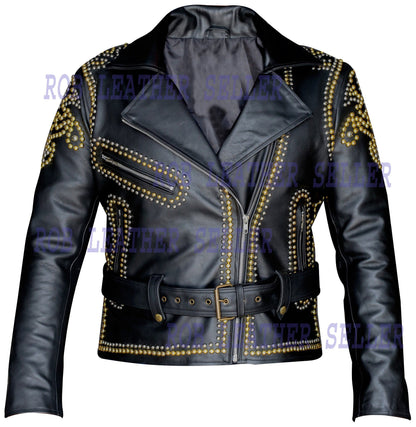 Gold Studded Brando Leather Jacket