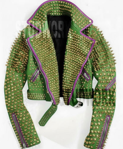 Teal Venom Gold-Spiked Brando Leather Jacket