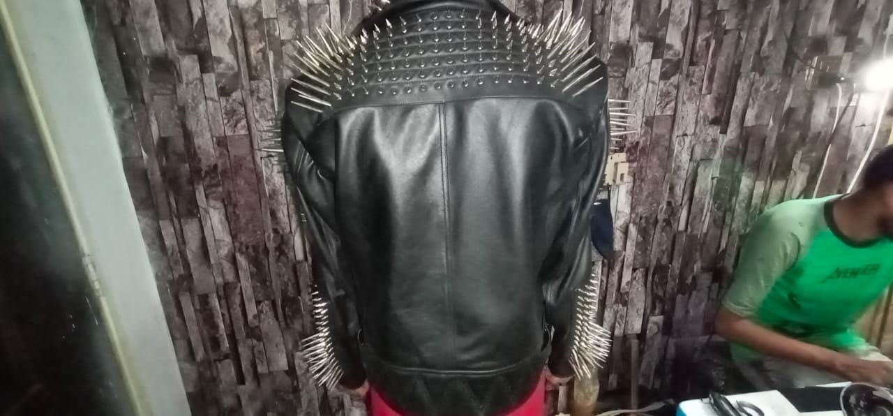 ull Black Punk Silver Long Spiked Studded Leather Buttons Up Jacket