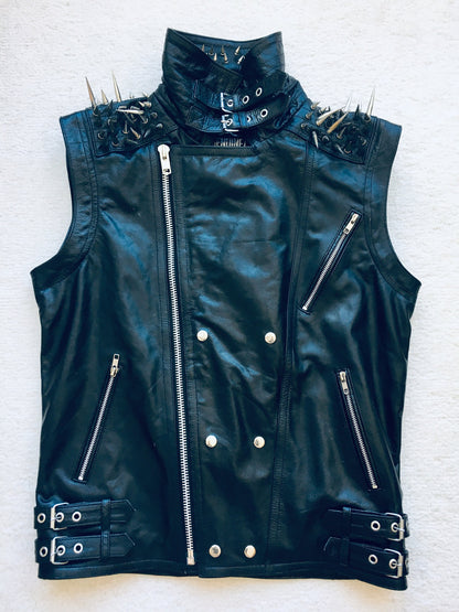 Black Punk Silver Long Spiked Studded Leather Vest