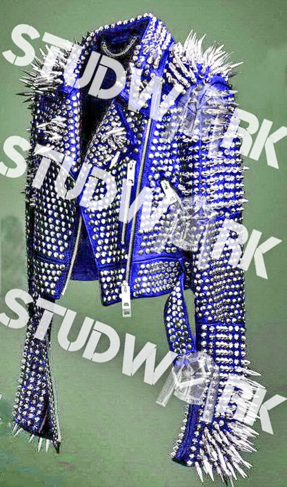 Azure Riot Studded Leather Moto Jacket