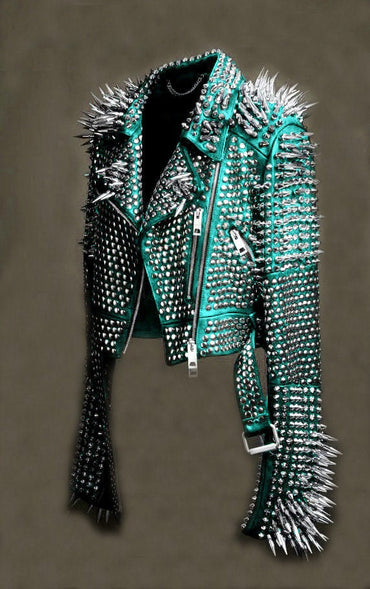 Turquoise Blue High Res Spiked Studded Leather Jacket