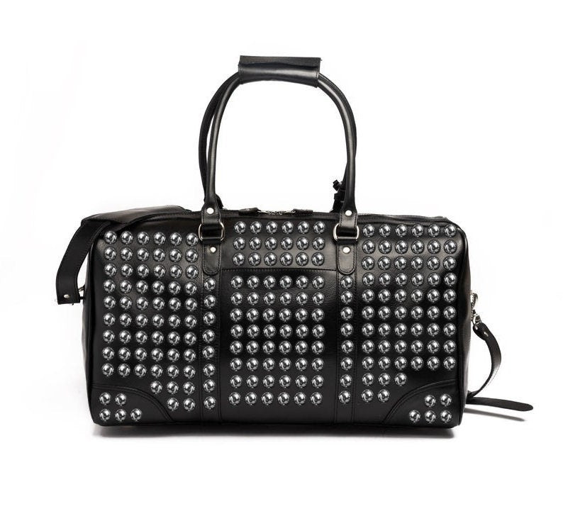 Black Silver Studded Leather Duffel Bag