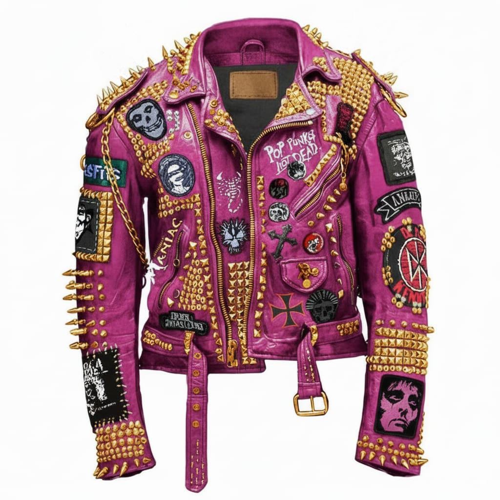 Magenta Mayhem Gold-Spiked Punk Leather Jacket