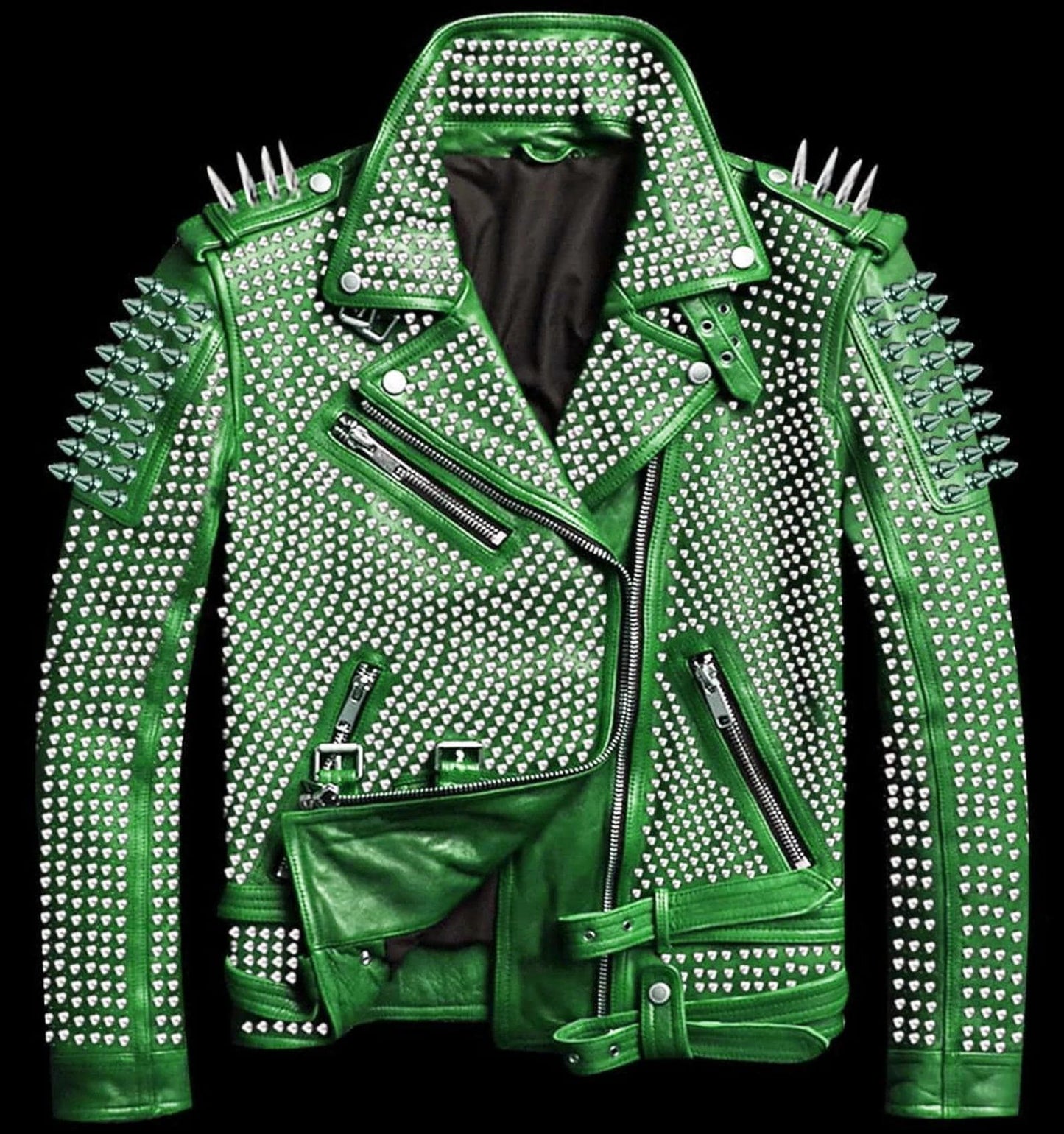 Emerald Dominion Studded Leather Biker Jacket