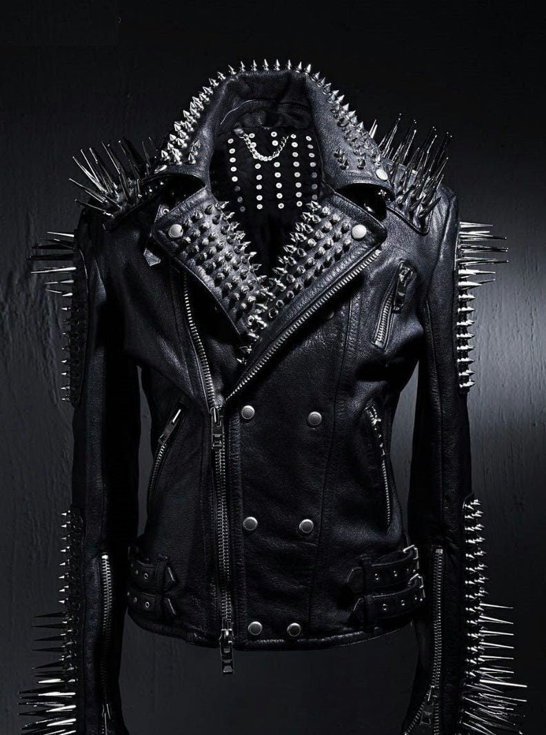 ull Black Punk Silver Long Spiked Studded Leather Buttons Up Jacket