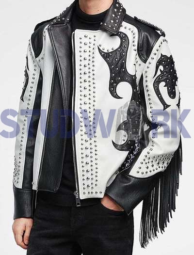Monochrome Renegade Two-Tone Fringed Studded Leather Jacket