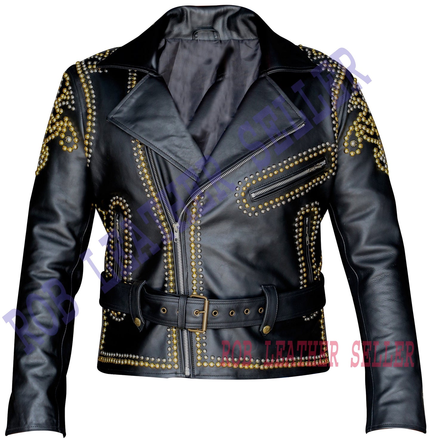 Black & Gold Studded Brando Leather Jacket