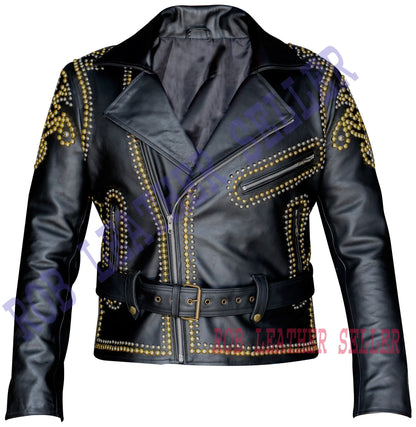 Black & Gold Studded Brando Leather Jacket