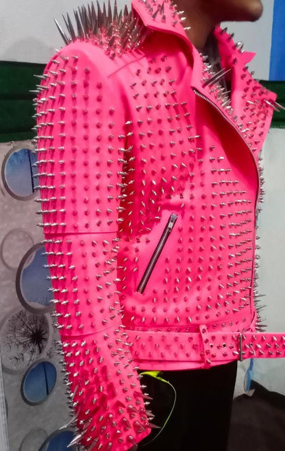 Pink Long Spiked Studded Leather Jacket