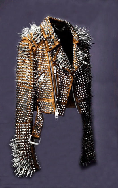 Orange Steampunk Studded Leather Jacket