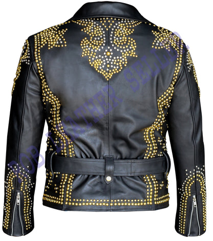 Black & Gold Studded Brando Leather Jacket