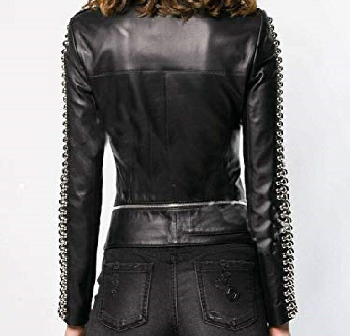 Noir Vixen Silver-Studded Motorcycle Leather Jacket