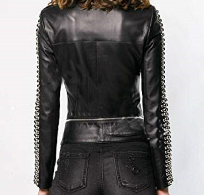 Noir Vixen Silver-Studded Motorcycle Leather Jacket