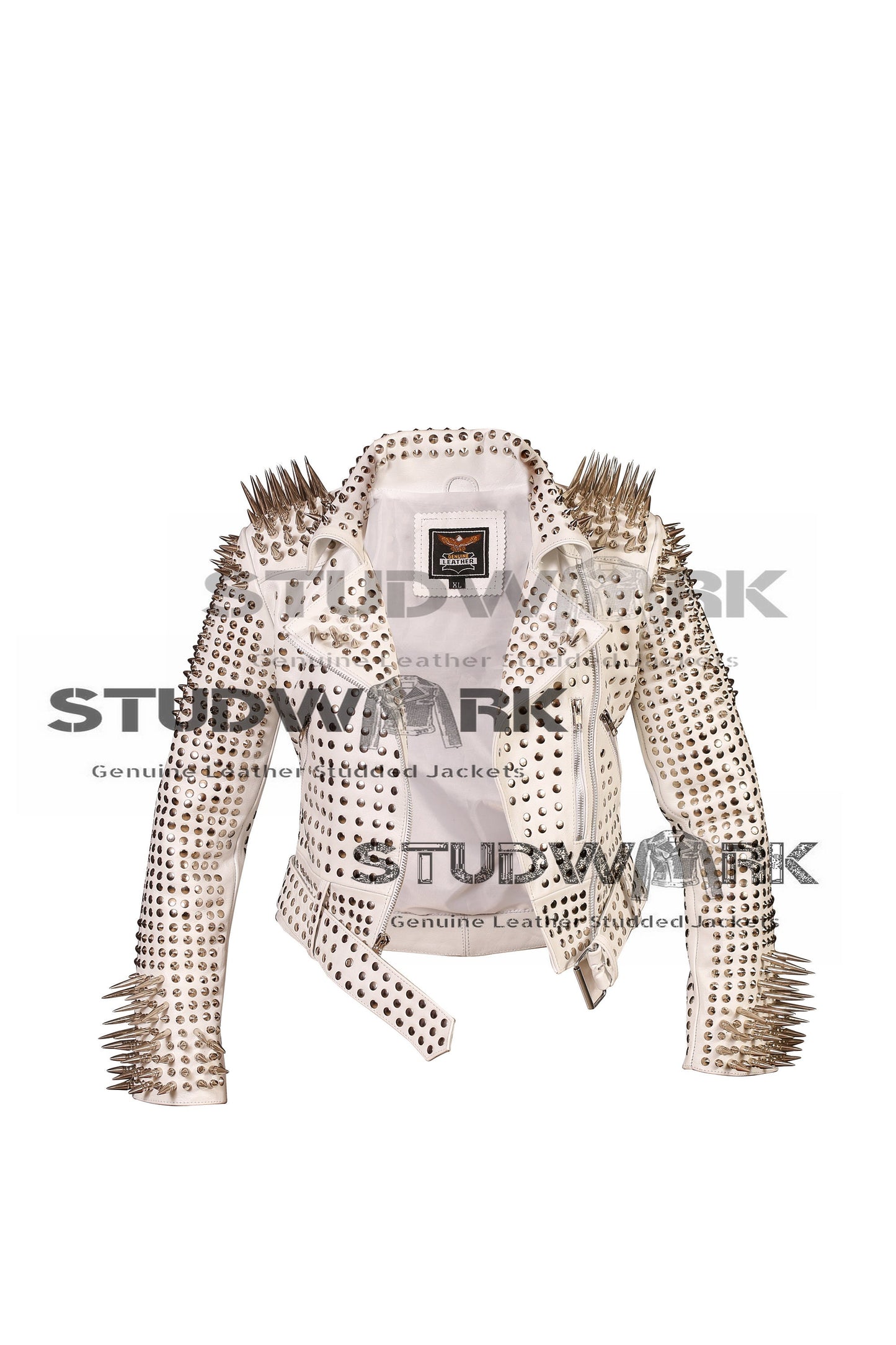 White Silver-Studded Cowhide Leather Jacket
