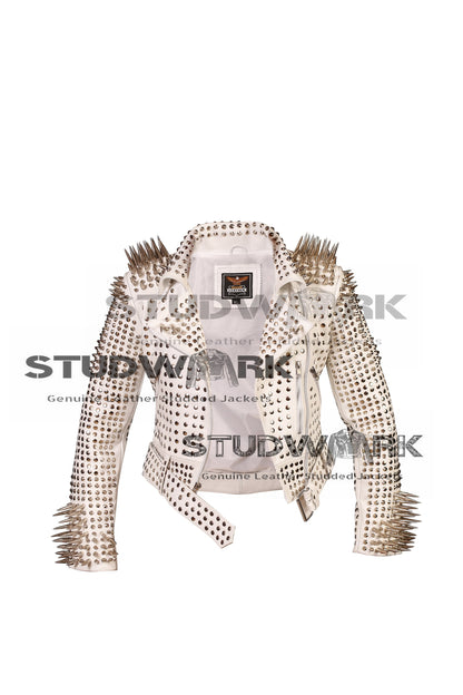 White Silver-Studded Cowhide Leather Jacket