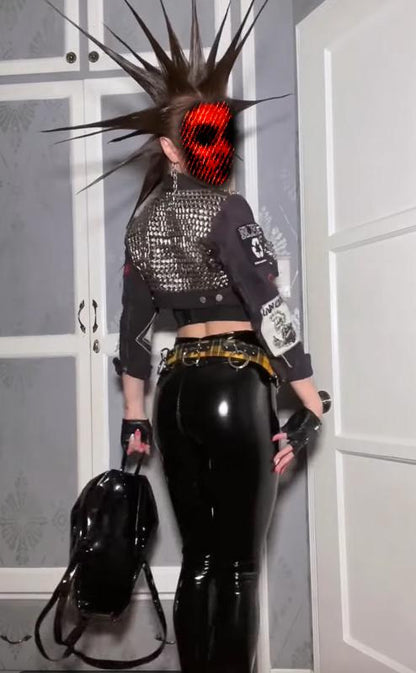Cropped Studded Black Denim Punk Jacket