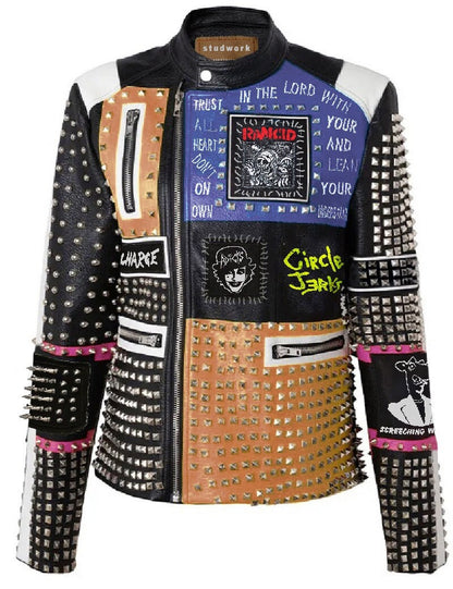 Anarchy Mosaic Pyramid Studded Patchwork Leather Jacket