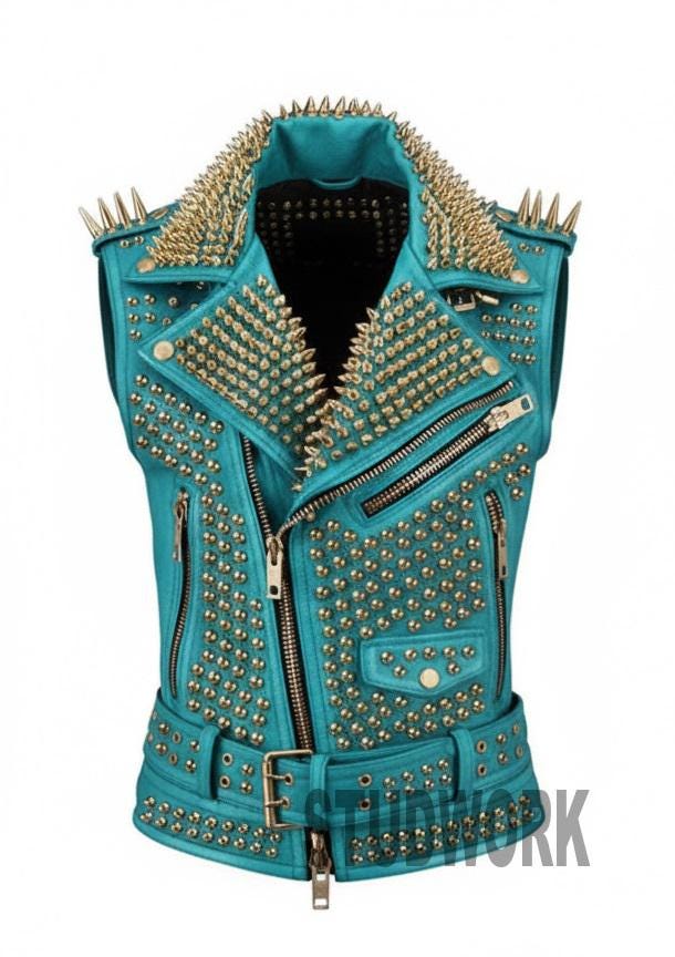 Cyan Anarchy Gold-Spiked Leather Vest