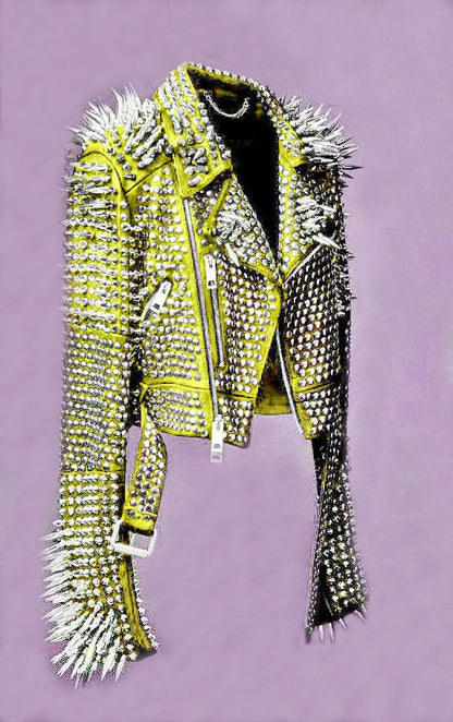 Women’s Yellow Spiked Leather Jacket
