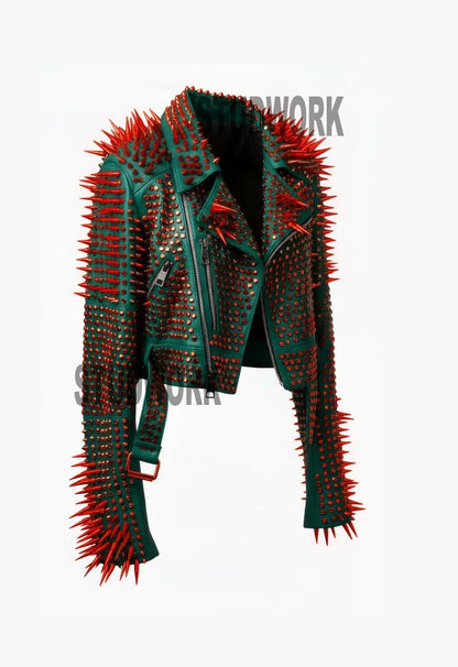 Teal Reign Red-Spiked Brando Leather Jacket