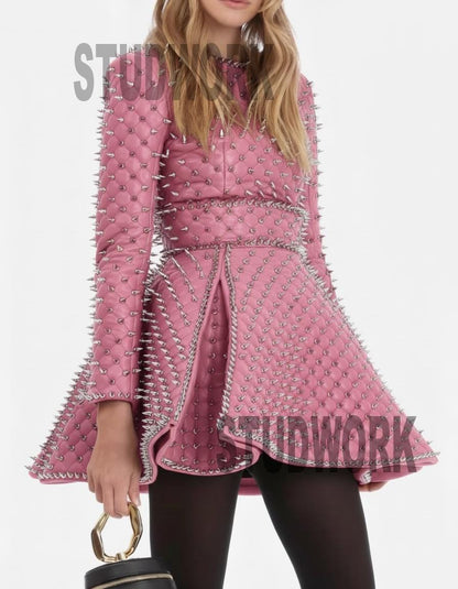 Blush Dominion Quilted Spiked Leather Dress